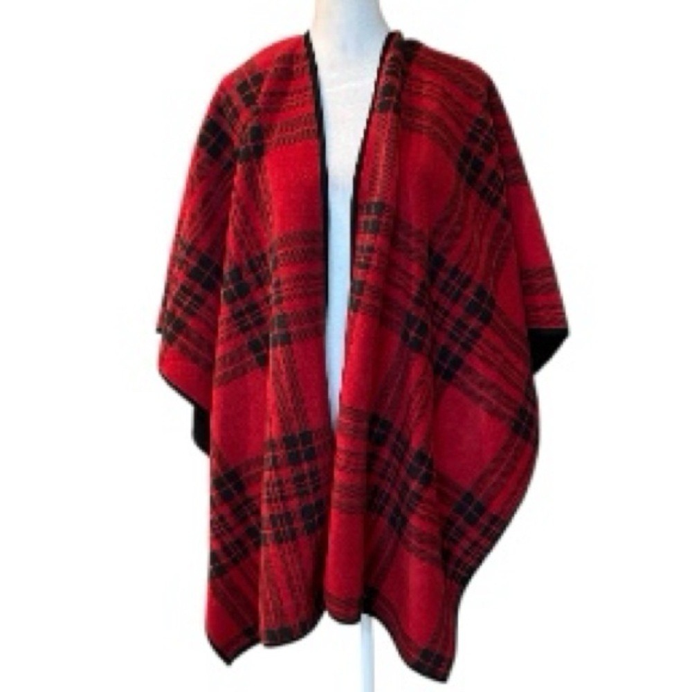 Woolrich OS‎ Red Plaid Reversible Fleece Cape Shawl Poncho Blanket Wrap